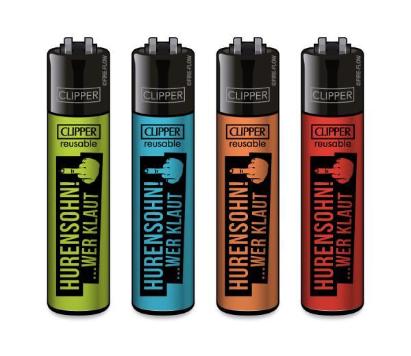 Clipper CLASSIC Large „Hurensohn! … Wer klaut“ 4er Set in Grün, Blau, Orange und Rot – nachfüllbar, Softflame, Feuerstein wechselbar und Stopfhilfe.